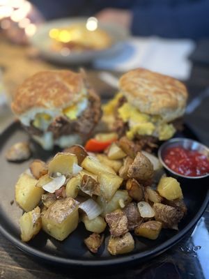 Chicken biscuits with eggs and gravy