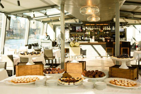 Interior of the boat with our dessert table.