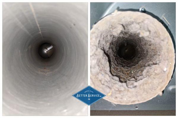 This is the inside of a dryer's exhaust port before and after a cleaning (the shiny part at the back is the blower housing).