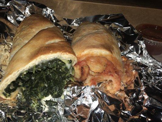 Spinach Roll and Chicken Roll w/ complimentary marinara sauce.   Delicious delivery! Great price! The rolls are doughy with a bit of crunch.