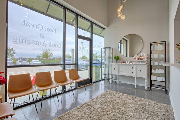 here is our lobby, with our product lines jane iredale, skinceuticals, and image skincare.

come in and try samples