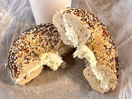 Large hot coffee and everything bagel with scallion cream cheese