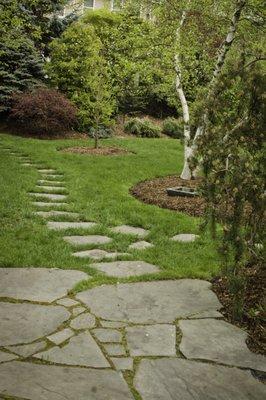 Zen garden with stepping stones and plantings, Newton, MA