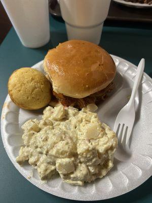 Pulled Pork, potato salad, cornbread.