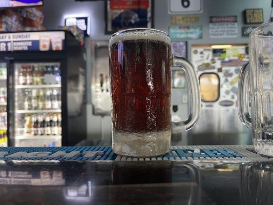 Icy cold Amber Bock, other bottled delights in the fridge