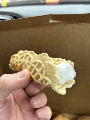 Rolled pizzelle with donut cream inside