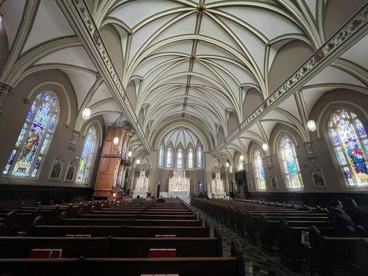 A photo entering this beautiful church, transporting you from a busy Belmont Ave in Chicago.