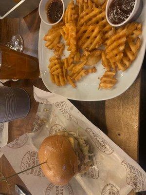 Village Bison Burger and Waffle fries