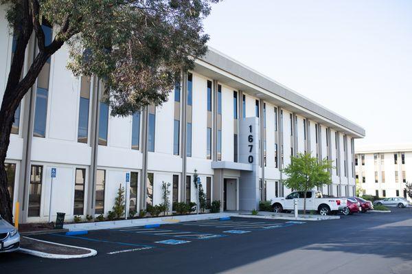 The north side entrance and parking lot