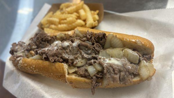 Founders Special. Ribeye with Cooper Sharp, Friend Onions on a seeded Liscio's roll