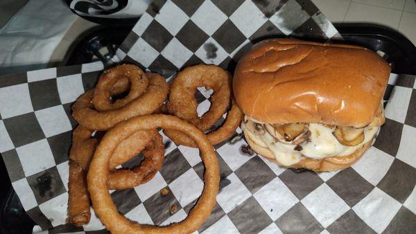 Mushroom Burger with Onion Rings