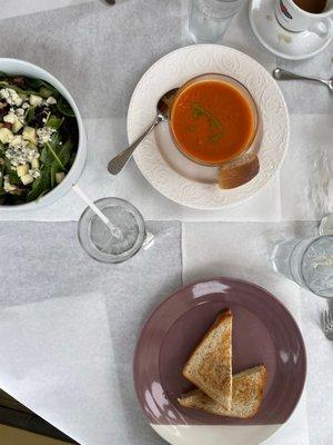 Grilled Cheese Sandwich & Tomato Pesto Soup & roquefort salad