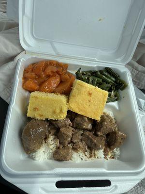 beef tips and rice with green beans and sweet potatoes yams