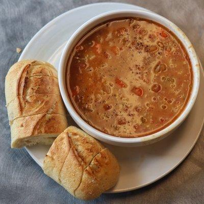 guess who's open again!! here's my white bean and sausage with a fresh whole baguette. a big bowl of happiness right there. =)