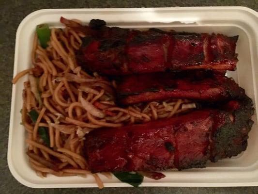 Dinner combo, spareribs with pork lo mein in place of rice, came w/ egg roll also.