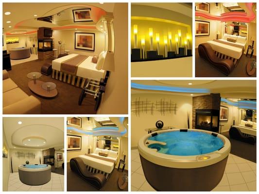 OPTIMUM Suite with King Bed, Two 32" TVs, 250-Gallon Hot Tub, 3Head Rainfall Spa Shower, Mirrors, Vibe Lights, Tantra Chair