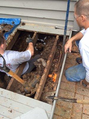 He was able to pull the deck boards and dig down to the broken sewer pipe.