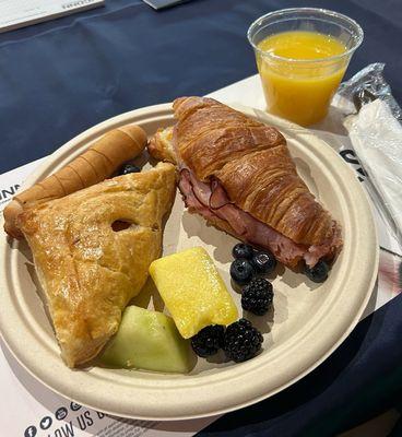 Fruit salad, guava pastelito, ham and cheese on a croissant, and a to do for taquito (I think!)