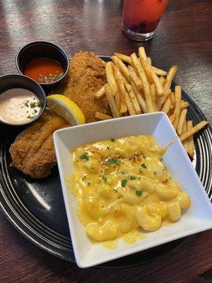 Fried catfish with Smoked Gouda Cheddar Mac and Cheese and garlic and herb fries