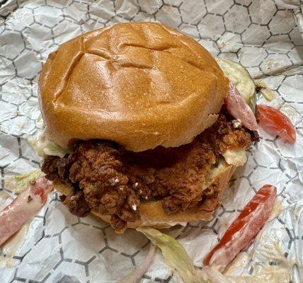 The best chicken sandwich in New York City! Thick, not-greasy, perfectly seasoned, large portion, and the special BV slaw was yummy!