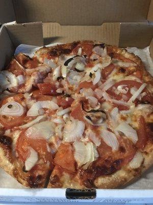 Sliced tomatoes and onions pizza.