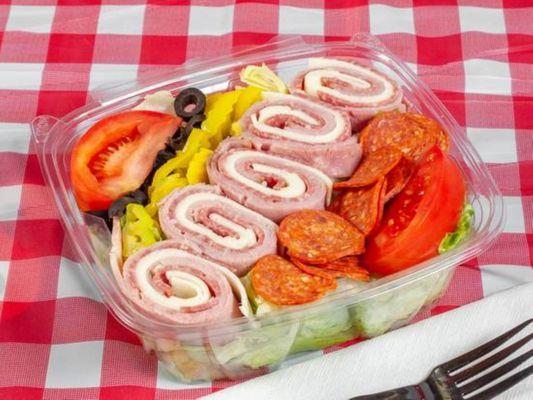 Anti Pasto salad - lettuce, tomato, onion, banana pepper, black olives, salami, ham and cheese & pepperoni