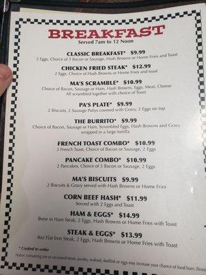 Breakfast menu