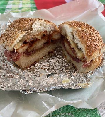 Chicken Cutlet with prosciutto and provolone on a bulkie from DiCaras Deli