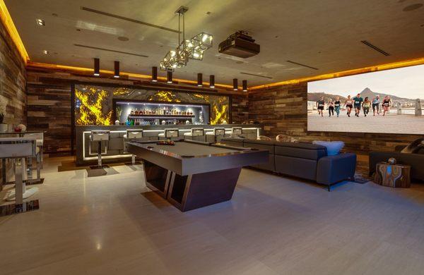 Bar & Entertainment Room: Control4 Automation, JVC 4K Laser Projector, 7.1.2 Triad Speaker Surround Sound, Stewart Borderless Filmscreen