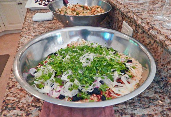 Cracked bulgar salad with fresh herbs, dried cherries for a sweet and tart contrast, smokes almonds for depth and pomegranate vinaigrette.