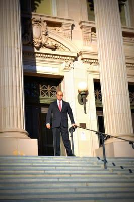 Attorney JB Dath Law on the steps of the Yolo  County Courthouse.