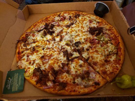 Killen's BBQ pizza.  Where are the slices shown in the advertisement?  Just some fine shreds.  RIP off.