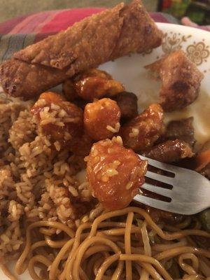 Orange chicken, beef chow mein, chicken egg rolls, hunan beef. Simply divine.