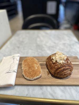 Coffee waffle with coffee cream filling and chocolate almond croissant