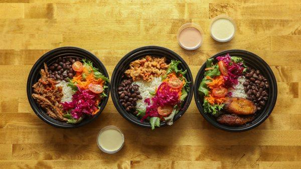 beef rice platter, chicken rice platter, black beans plantain platter