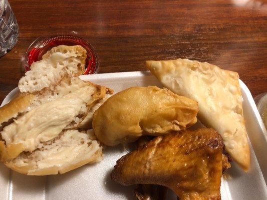 You can see the undercooked chicken finger and crab Rangoon. Both were inedible.