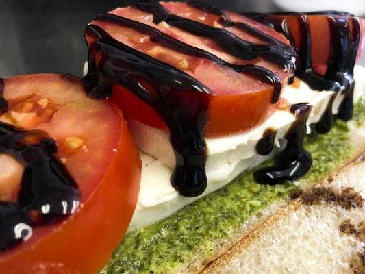 Capri Vegetarian Panini- Fresh Tomato, Thick-Sliced Mozzarella, Basil Pesto and Balsamic Glaze