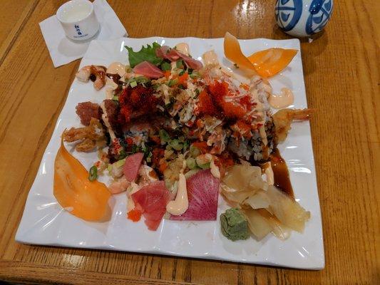 Mt. Fuji roll. This picture doesn't do it justice. Base is a shrimp tempura roll. Don't ask me about the rest, but it was great!