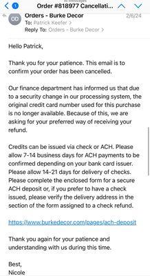 Burke Decor acknowledging my cancellation and stating they would issue a refund