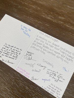 Sympathy card from the entire team, including a personalized message from each of them.  So thoughtful.