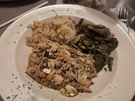 Wifey's salmon almandine (delicious) with greens and pilaf. I'd get it next time. Or anything on menu I'm thinking...