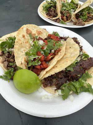 Carne asada, el pastor, and barbacoa tacos