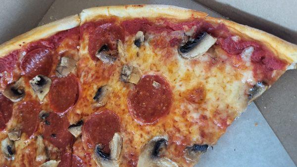 Regular cheese pizza with pepperoni and mushrooms