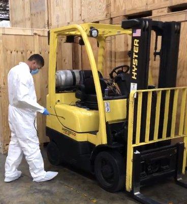 Disinfecting and sanitizing our warehouse and equipment to prevent the spread of COVID-19.