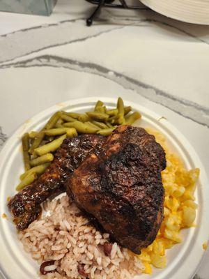 Jerk chicken,  Brown Stew Chicken, green beans, rice and peas, Mac & cheese