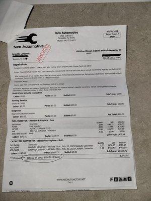 WRONG DIAGNOSIS!!! FROM NEO AUTOMOTIVE(JUSTIN)!!! $1482.82