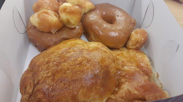 Ham and cheese croissants, maple donuts, and some added on donut holes. Yum!