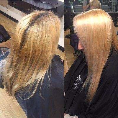 Before and after, getting all the brassiness out while still maintaining the integrity of the hair. Done by Jaclyn