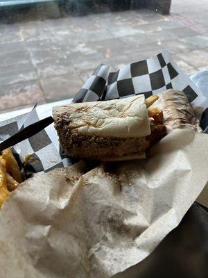 The fat stickler it's a Philly cheesesteak with french fries and fried pickles