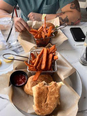 Cuban with sweet potato fries, pesto aioli and goat cheese burger with sweet potato fries